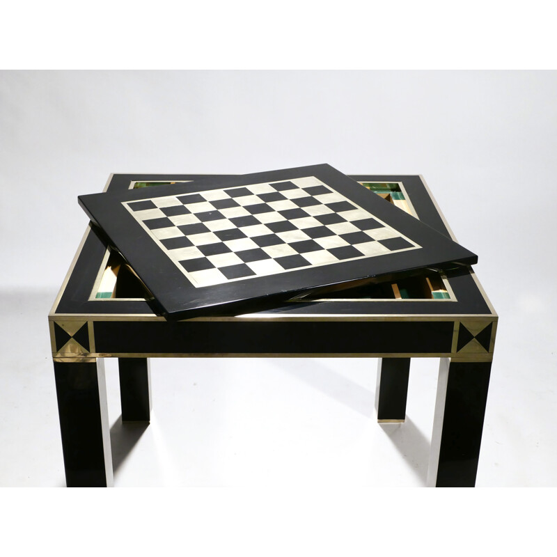 Lacquered and brass game table by J.C. Mahey, 1970