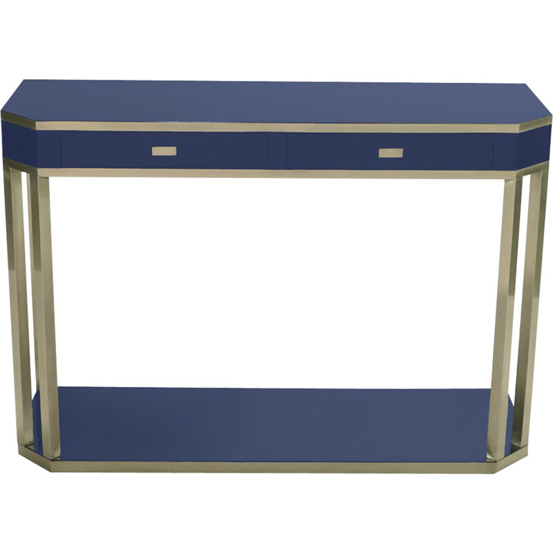 Lacquered blue console in brass by J.C. Mahey for Maison Romeo - 1970s