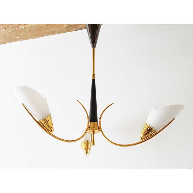French chandelier in golden brass & glass - 1950s