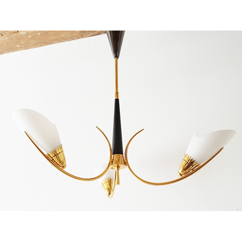 French chandelier in golden brass & glass - 1950s