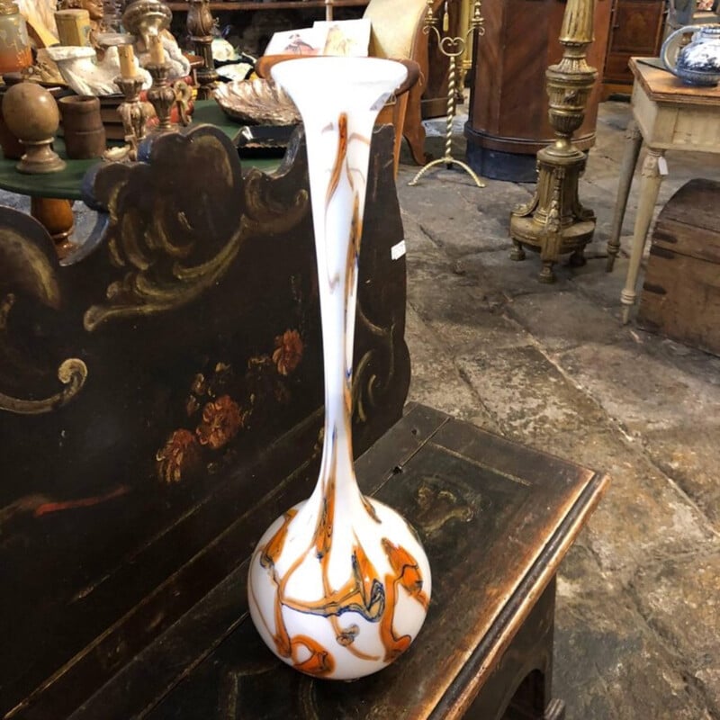 Grand vase Vintage Orange et blanc en verre de Murano - 1970