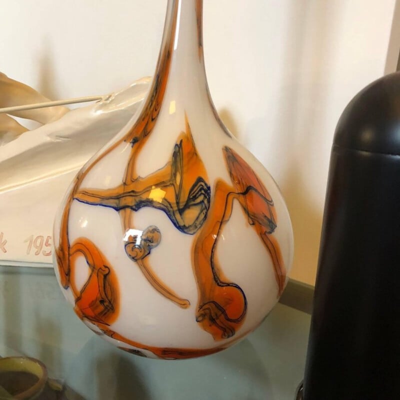 Grand vase Vintage Orange et blanc en verre de Murano - 1970