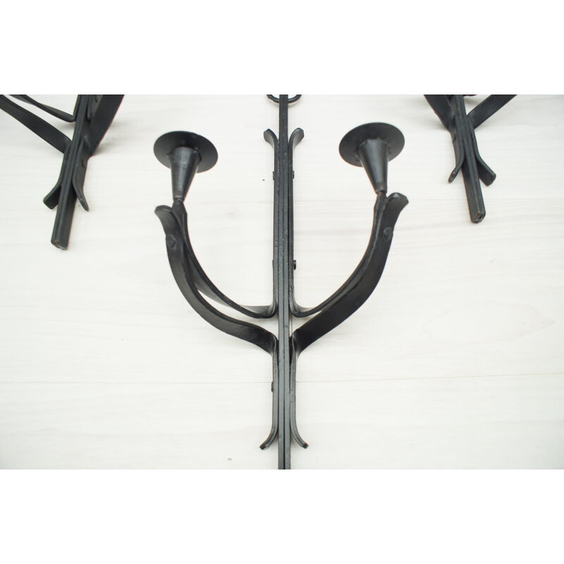 Suite of 4 hand forged vintage iron wall candle holders, France 1950