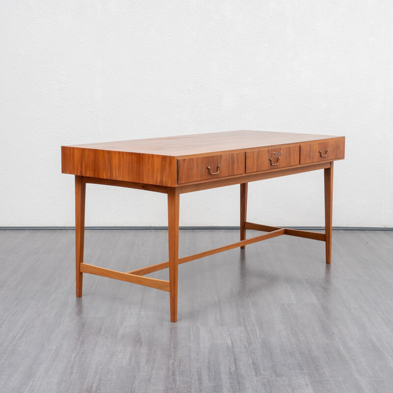 Large vintage desk in walnut with 3 drawers - 1950s