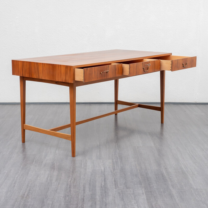 Large vintage desk in walnut with 3 drawers - 1950s