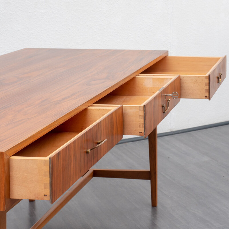 Large vintage desk in walnut with 3 drawers - 1950s