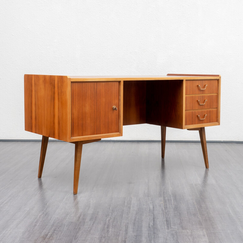 Vintage Walnut desk with drawers with brass handles - 1960s