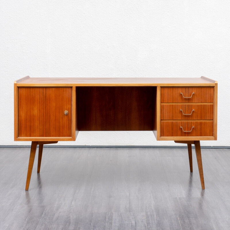 Vintage Walnut desk with drawers with brass handles - 1960s