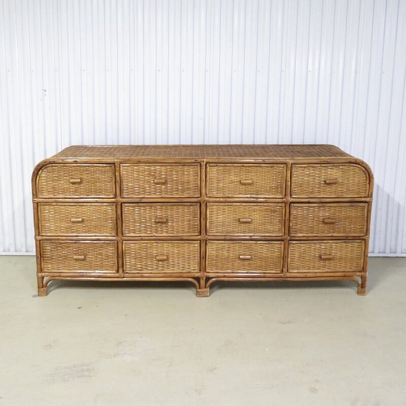 Vintage Bamboo and rattan sideboard with 12 drawers - 1980s