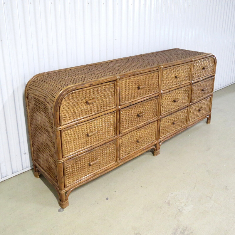 Vintage Bamboo and rattan sideboard with 12 drawers - 1980s