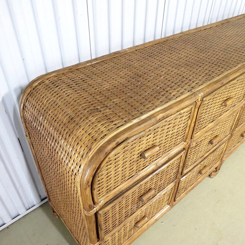 Vintage Bamboo and rattan sideboard with 12 drawers - 1980s
