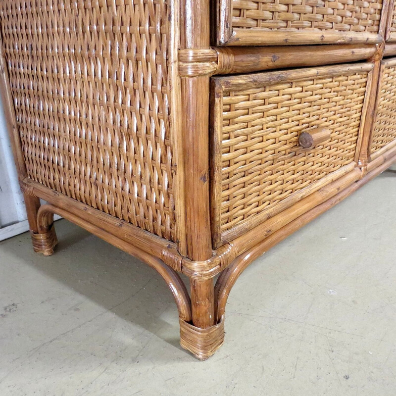 Vintage Bamboo and rattan sideboard with 12 drawers - 1980s