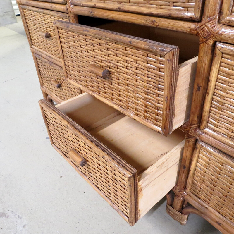 Vintage Bamboo and rattan sideboard with 12 drawers - 1980s