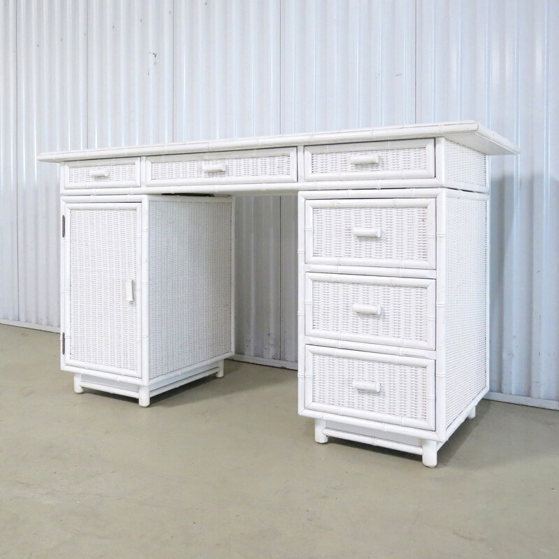 Bureau Vintage style bambou en bois et verre -1970