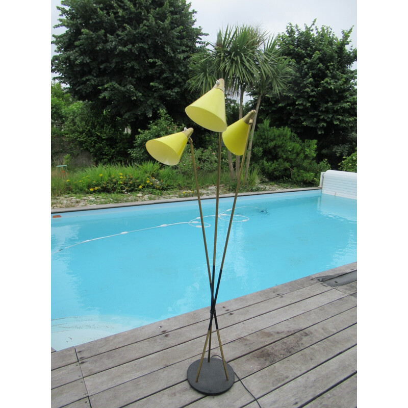 Green floor lamp with 3 rods of brass and black metal - 1960s