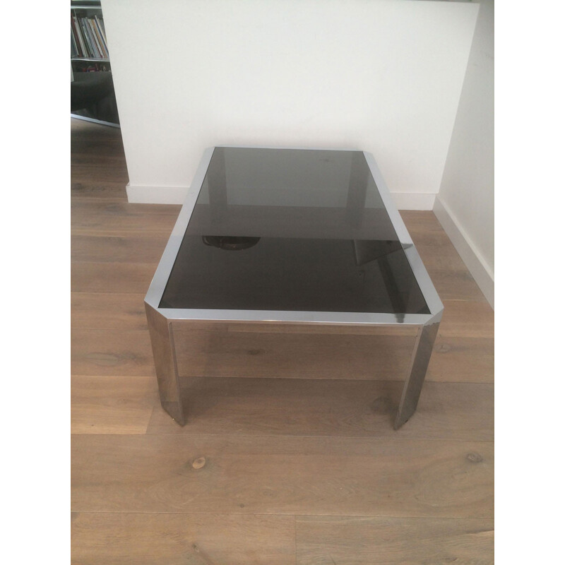 Vintage coffee table in chromed metal and smoked glass, 1970