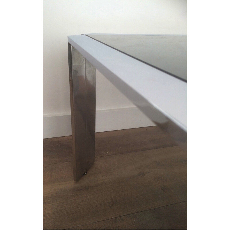 Vintage coffee table in chromed metal and smoked glass, 1970
