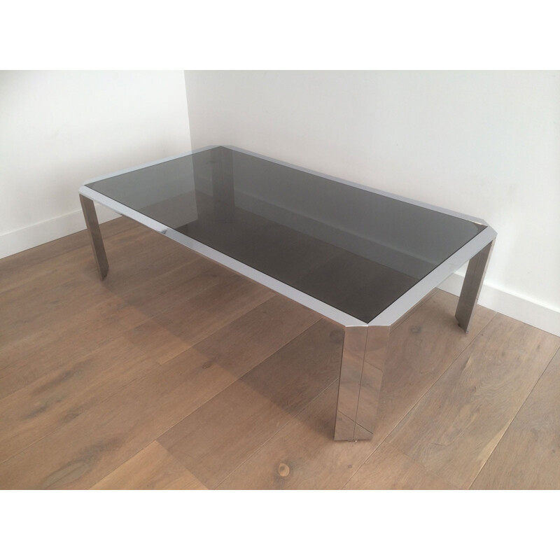 Coffee table in chromed metal and smocked glass - 1970s