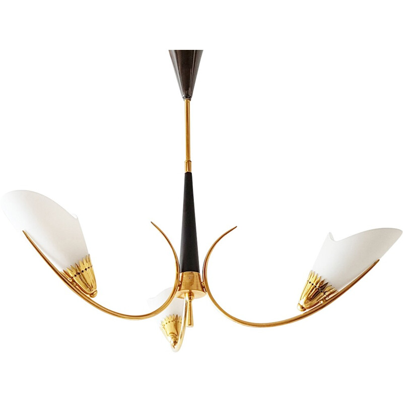 French chandelier in golden brass & glass - 1950s