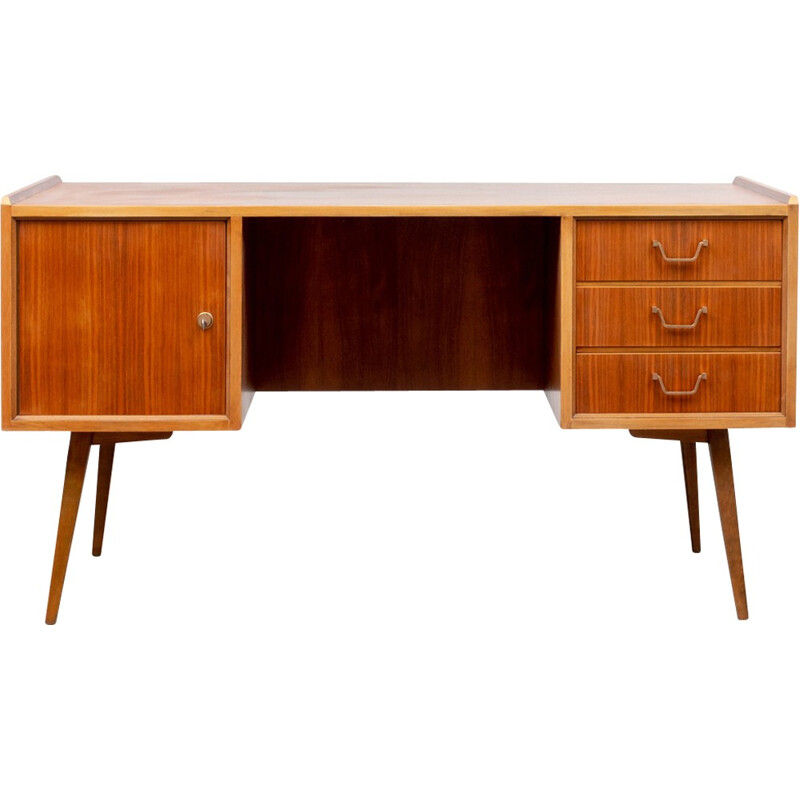 Vintage Walnut desk with drawers with brass handles - 1960s