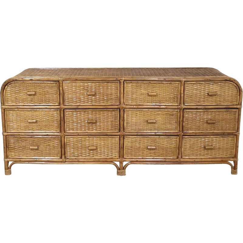 Vintage Bamboo and rattan sideboard with 12 drawers - 1980s