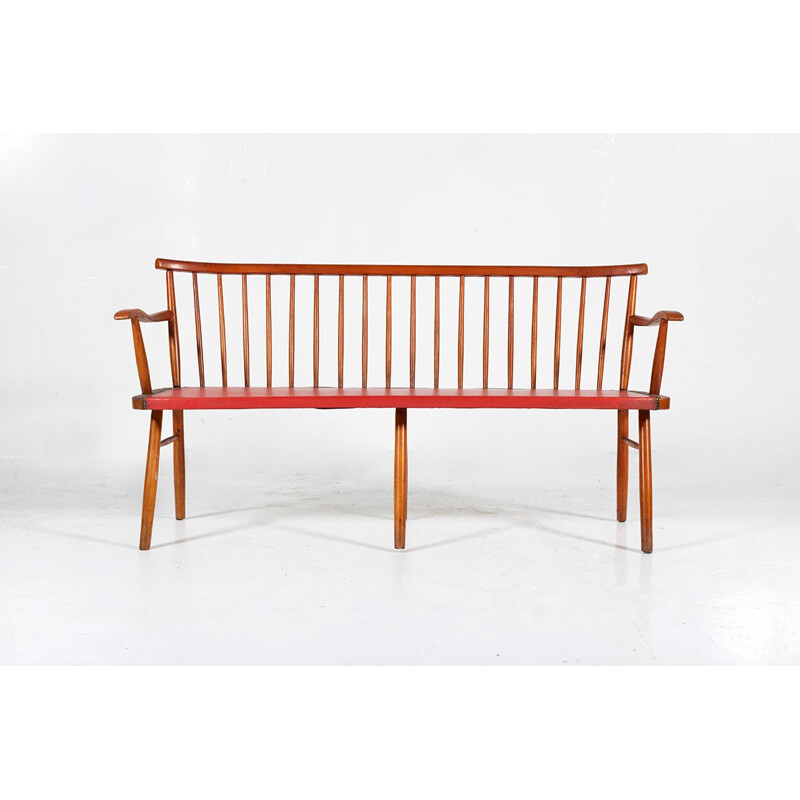 Banc rouge vintage en teck et skaï - 1960