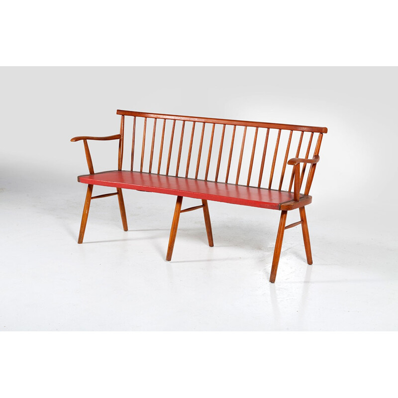 Vintage red bench in teak and skaï - 1960s