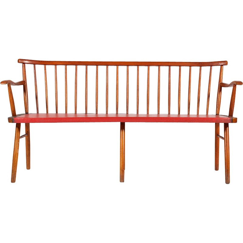Vintage red bench in teak and skaï - 1960s