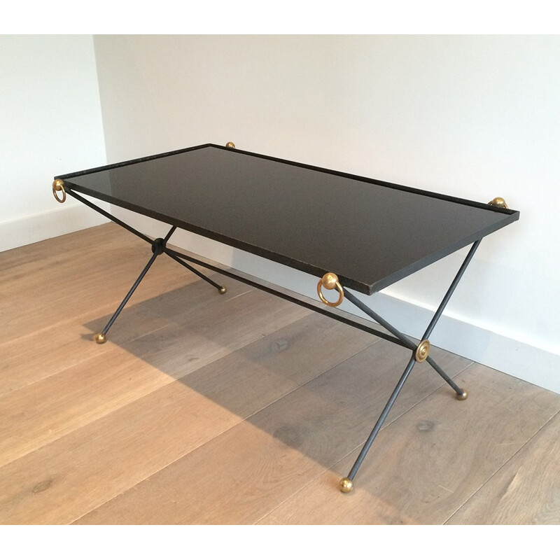 Coffee table in black opalin glass and metal - 1950s