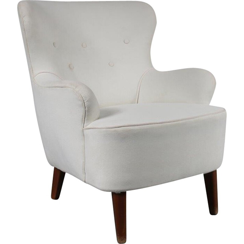 Fauteuil lounge vintage en velours blanc par Theo Ruth - 1950