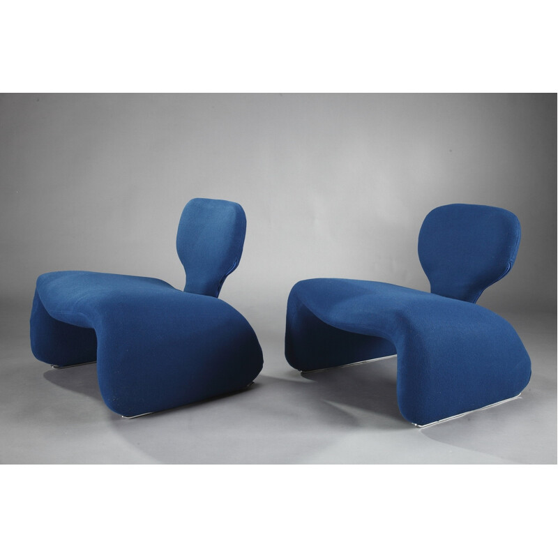 Set of 2 blue "Djinne" easy chairs by Olivier Mourgue for Airborne - 1960s