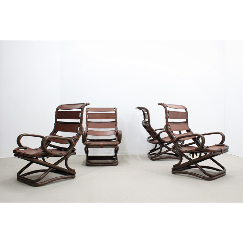 Set of 4 Rattan & Leather Armchairs from Pierantonio Bonacina - 1950s