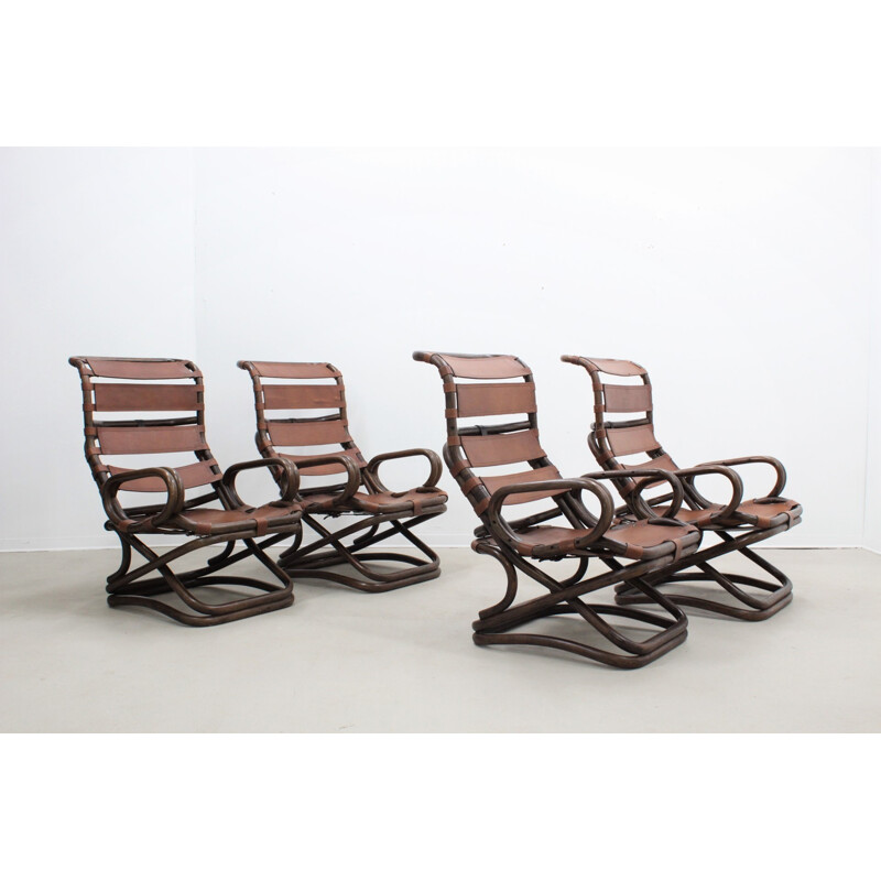 Set of 4 Rattan & Leather Armchairs from Pierantonio Bonacina - 1950s