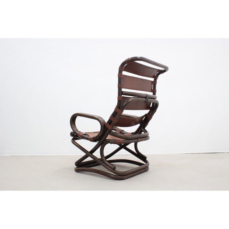 Lot de 4 fauteuils vintages en rotin et cuir de Pierantonio Bonacia - 1950