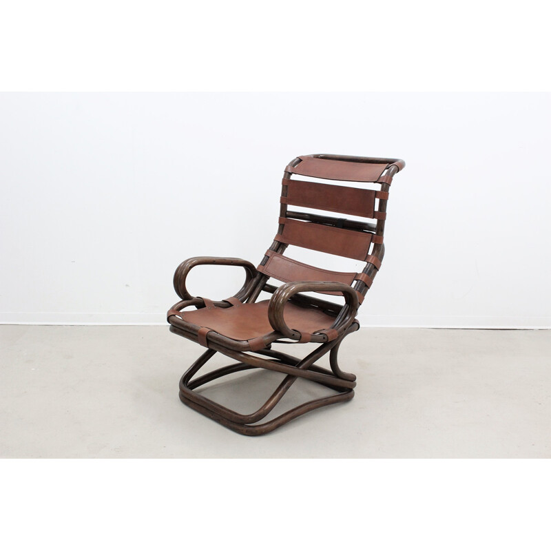 Lot de 4 fauteuils vintages en rotin et cuir de Pierantonio Bonacia - 1950