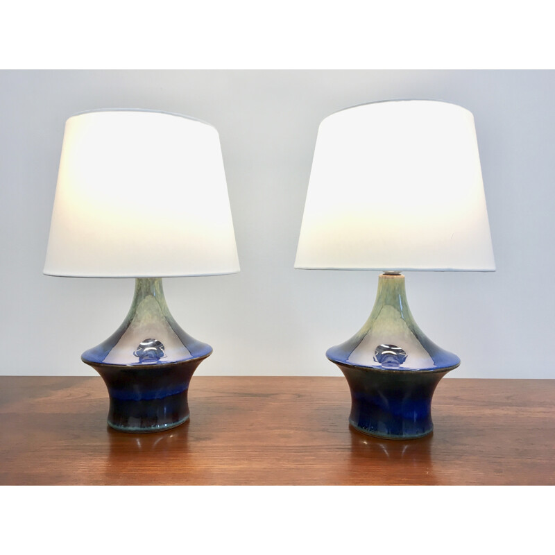Set of 2 Blue Danish Table Lamps in Ceramic by Soholm - 1960s