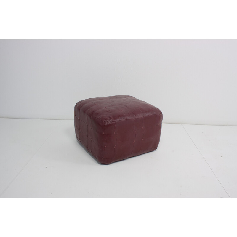 Vintage Bordeaux Patchwork Leather Pouf - 1960s