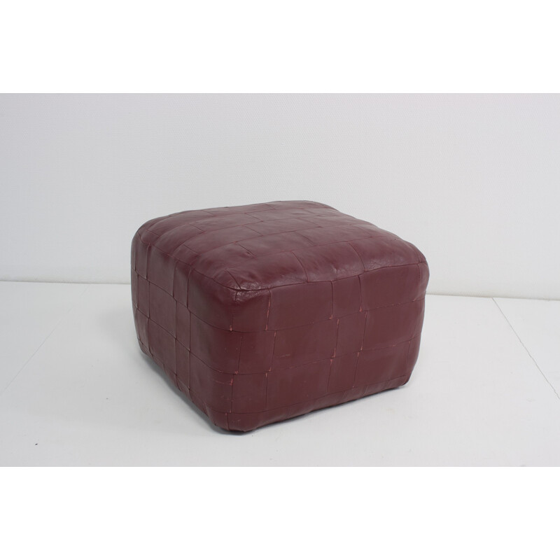 Vintage Bordeaux Patchwork Leather Pouf - 1960s