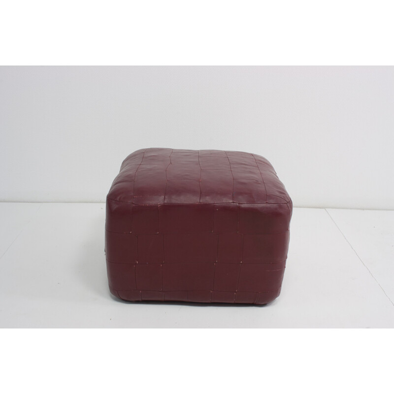 Vintage Bordeaux Patchwork Leather Pouf - 1960s