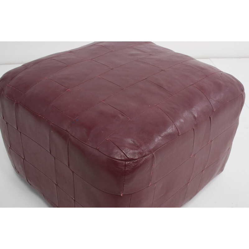 Vintage Bordeaux Patchwork Leather Pouf - 1960s