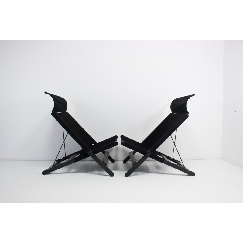 Set of 2 Vintage Black Canvas Folding Chairs - 1970s 