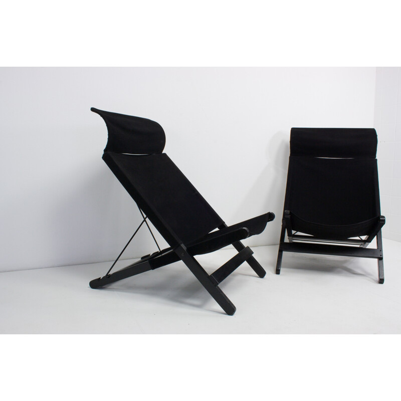 Set of 2 Vintage Black Canvas Folding Chairs - 1970s 