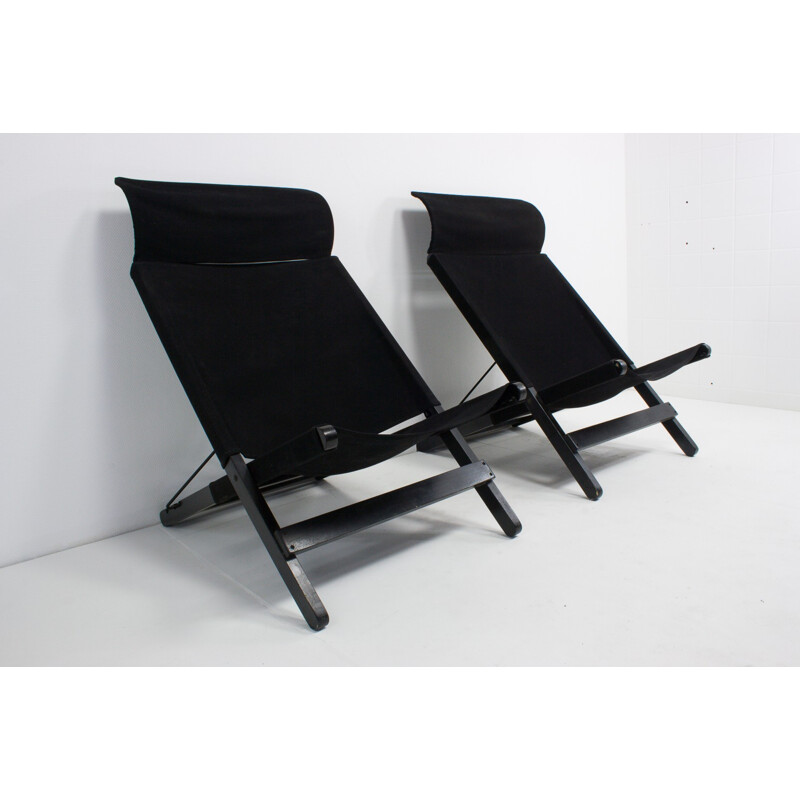 Set of 2 Vintage Black Canvas Folding Chairs - 1970s 