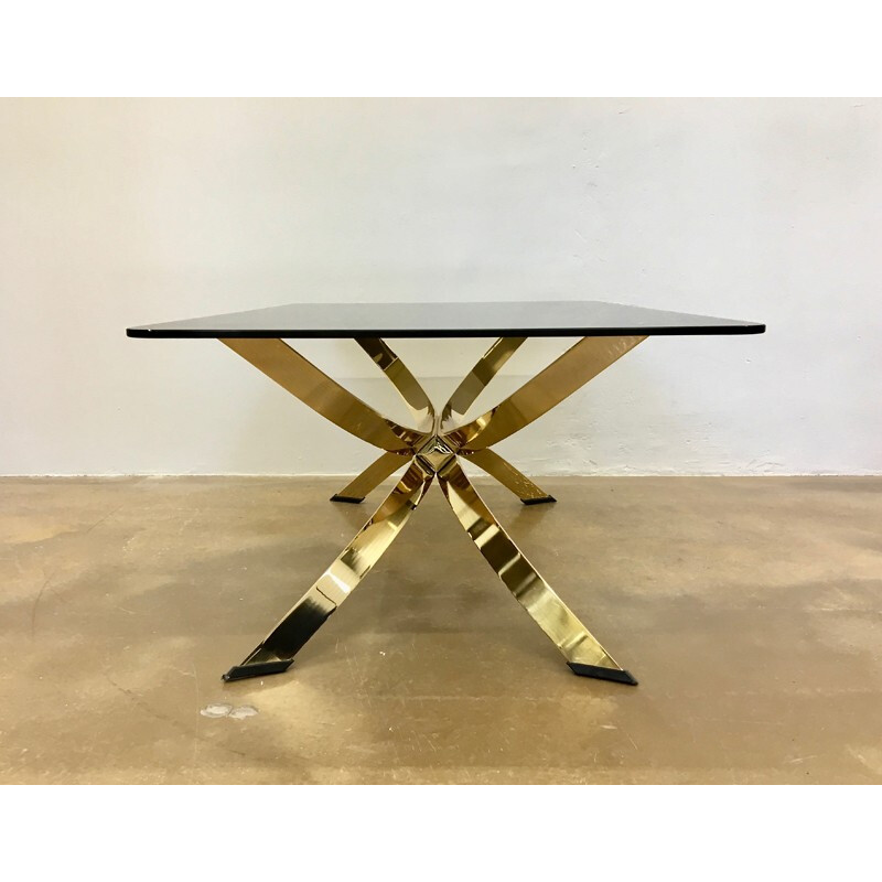 Table Basse Dorée italienne avec Plateau en Verre Fumé - 1970