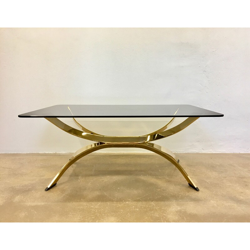 Table Basse Dorée italienne avec Plateau en Verre Fumé - 1970