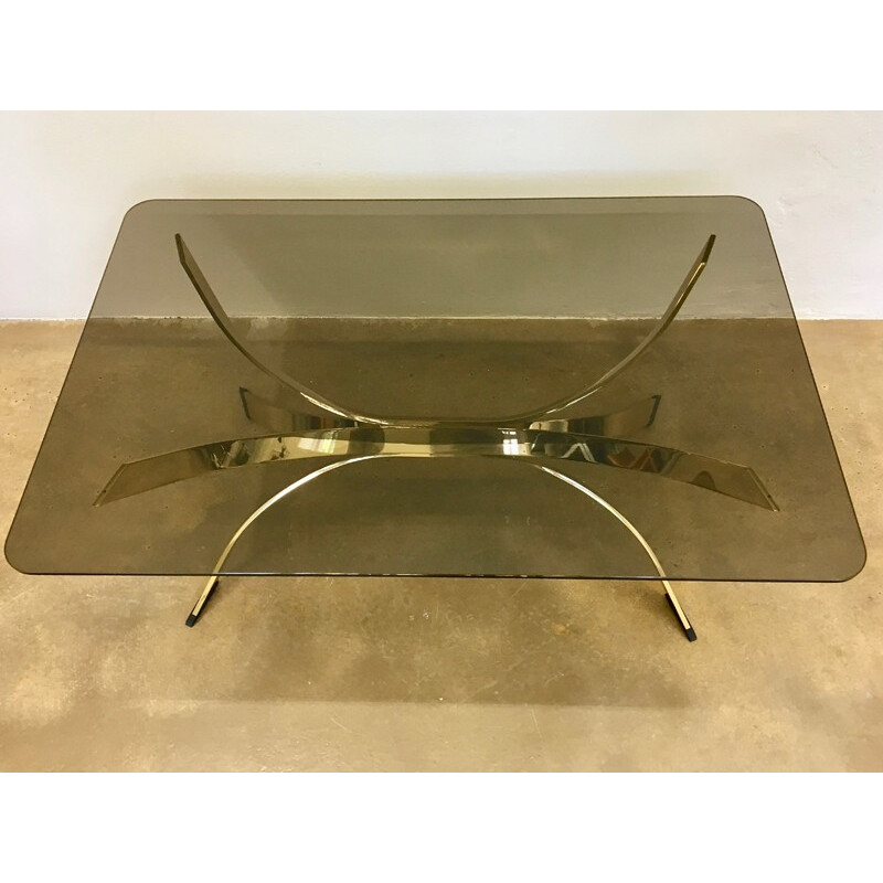 Golden Italian Coffee Table with Smoked Glass Top - 1970s