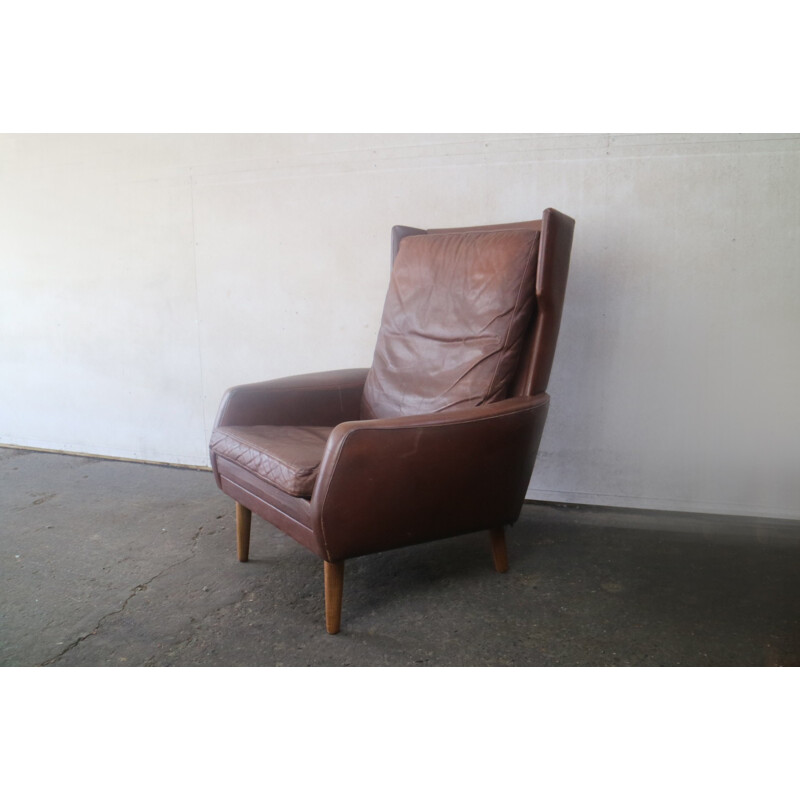 Fauteuil vintage à dossier haut en cuir marron - 1970