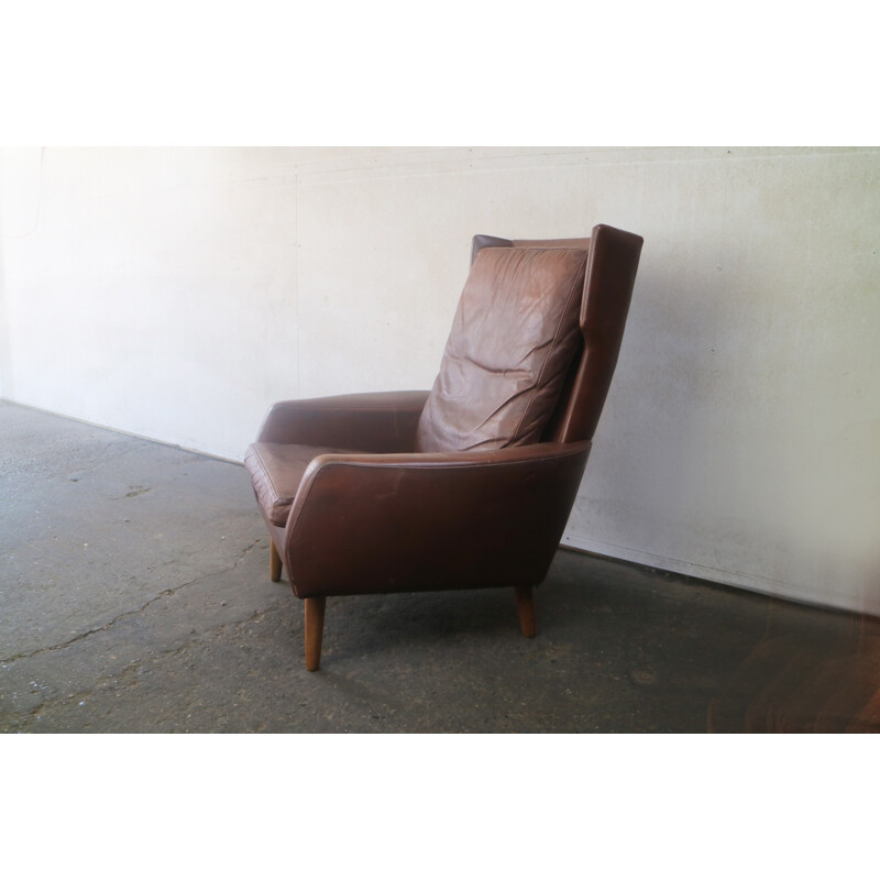 Danish vintage brown leather high back armchair - 1970s 