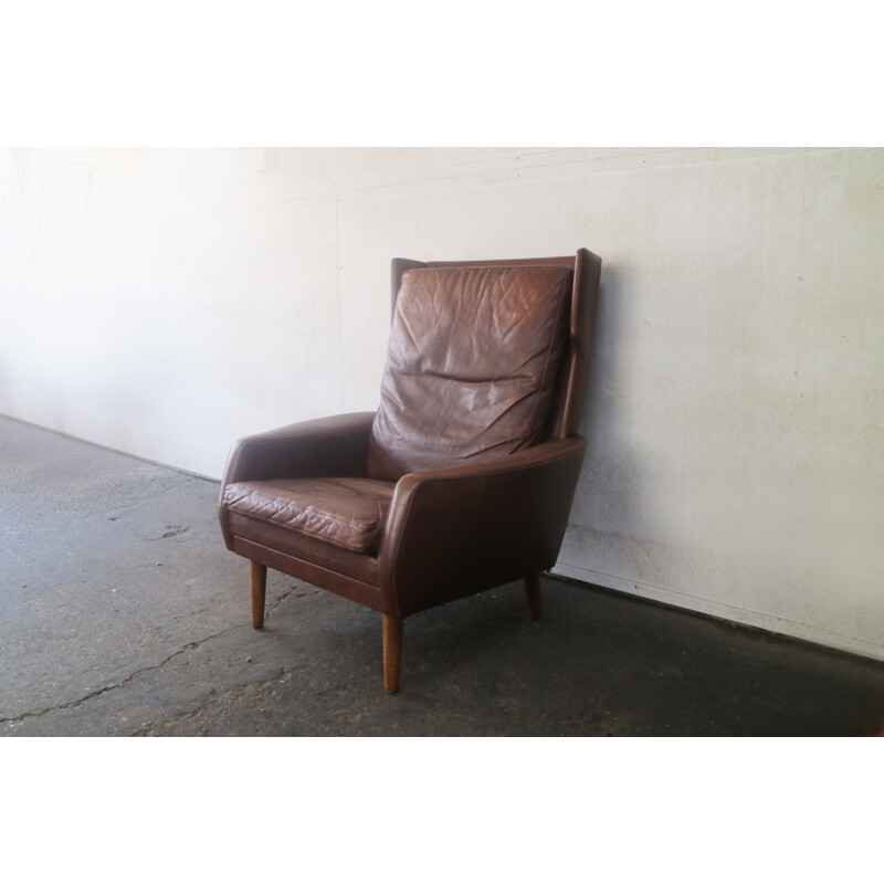 Danish vintage brown leather high back armchair - 1970s 
