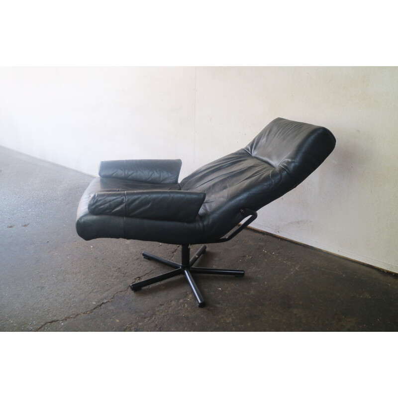 Vintage danish black leather reclining armchair and footstool - 1970s
